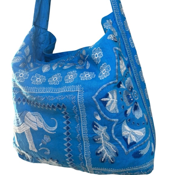 JOHNNY WAS Yadira Wide Strap Linen Tote Bag DVA Blue Embroidered Elephant NWT - Picture 4 of 11